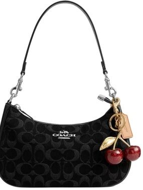 Coach Black Signature Canvas Shoulder Bag with Cherry Charm